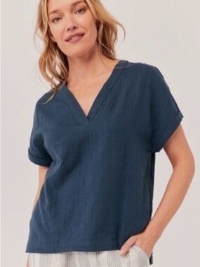 Pact 100% V-Neck Cotton Gauze Short Sleeve Women’s Top - Navy M/L